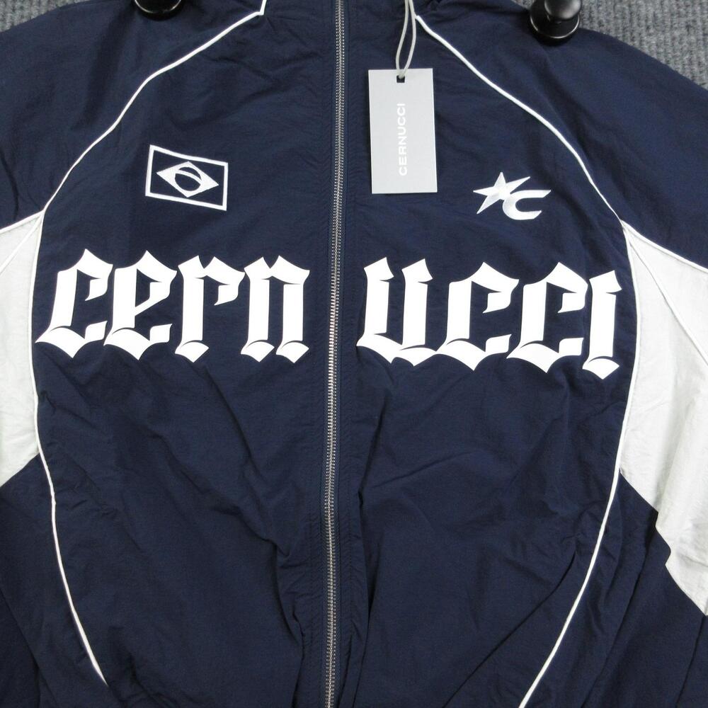 CERNUCCI Track Jacket Mens Small Navy Oversized Panelled Hooded Full Zip NWT